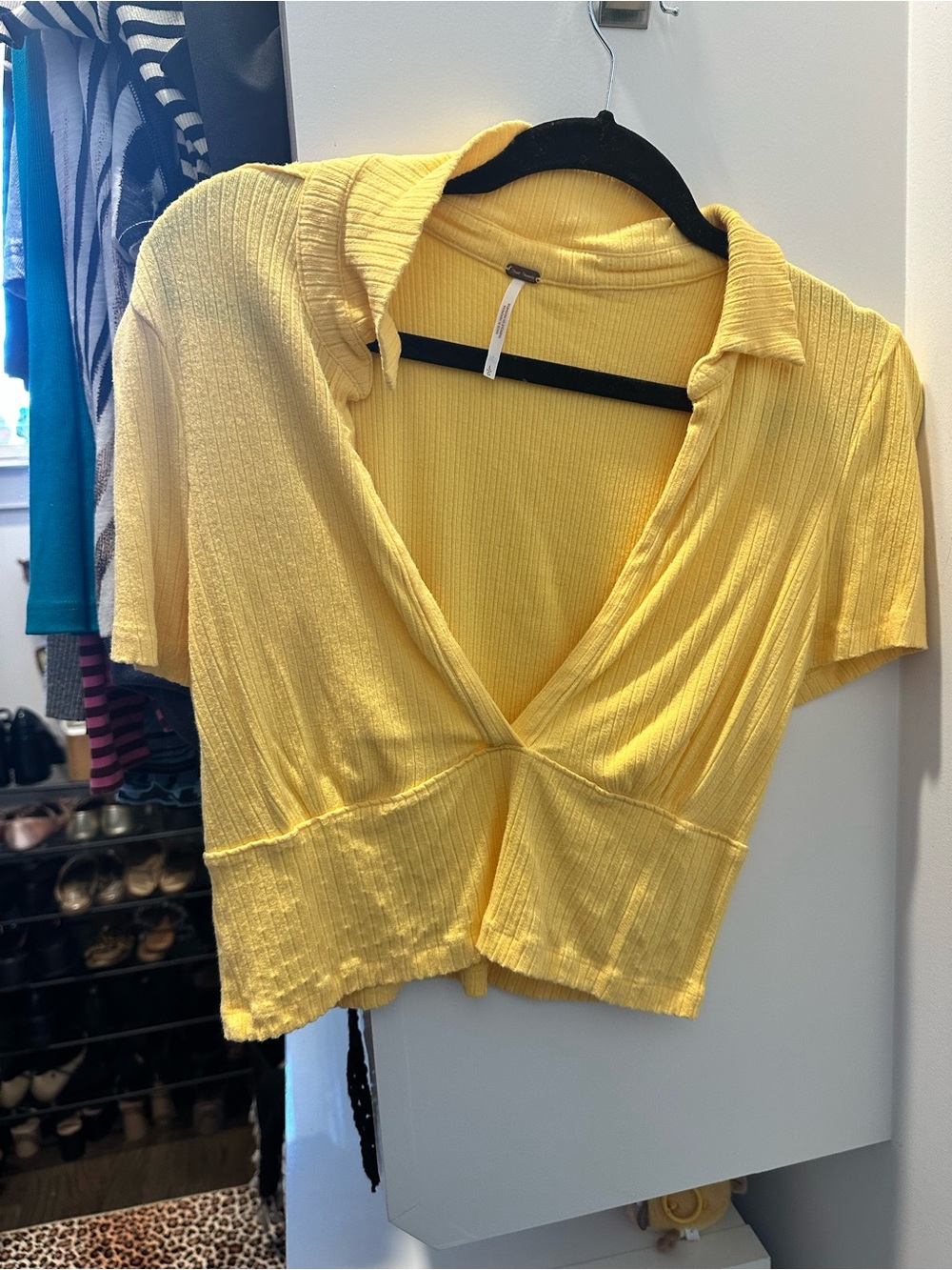 Free People Yellow Ribbed V-Neck Cropped Top